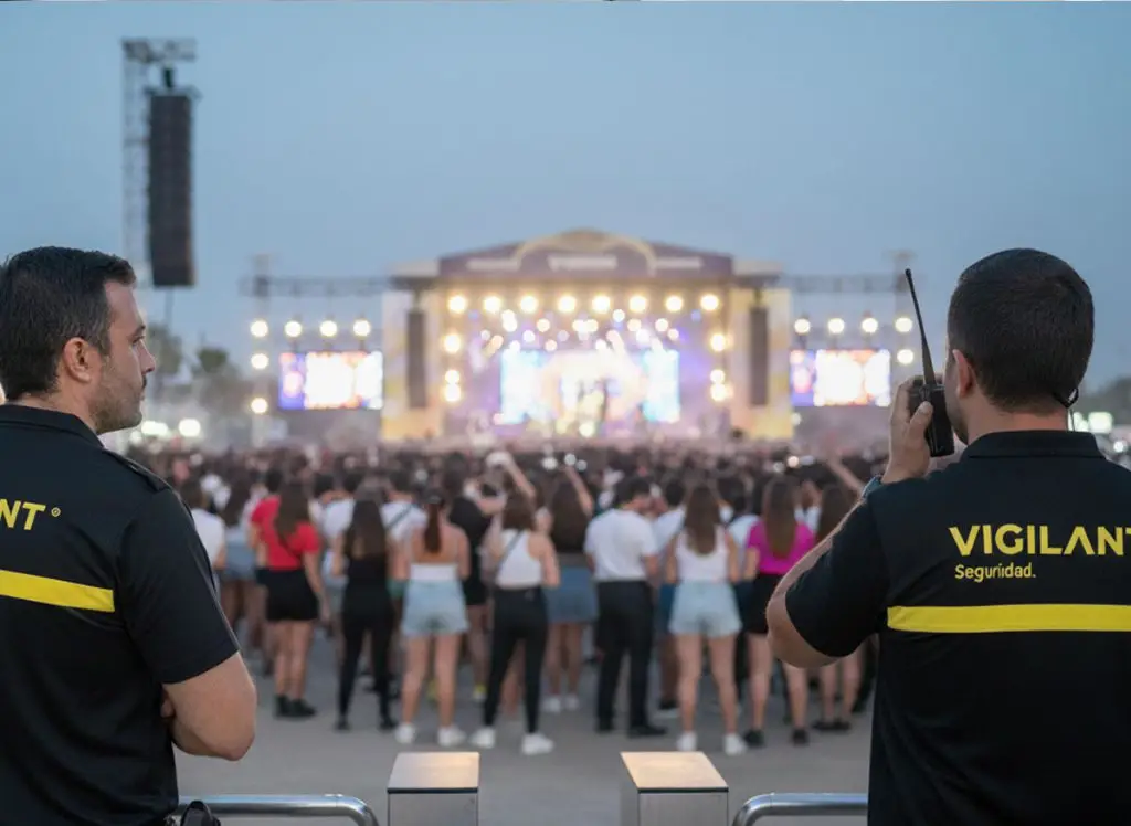 Dos vigilantes de seguridad privada de Grupo Vigilant controlando el aforo en un concierto