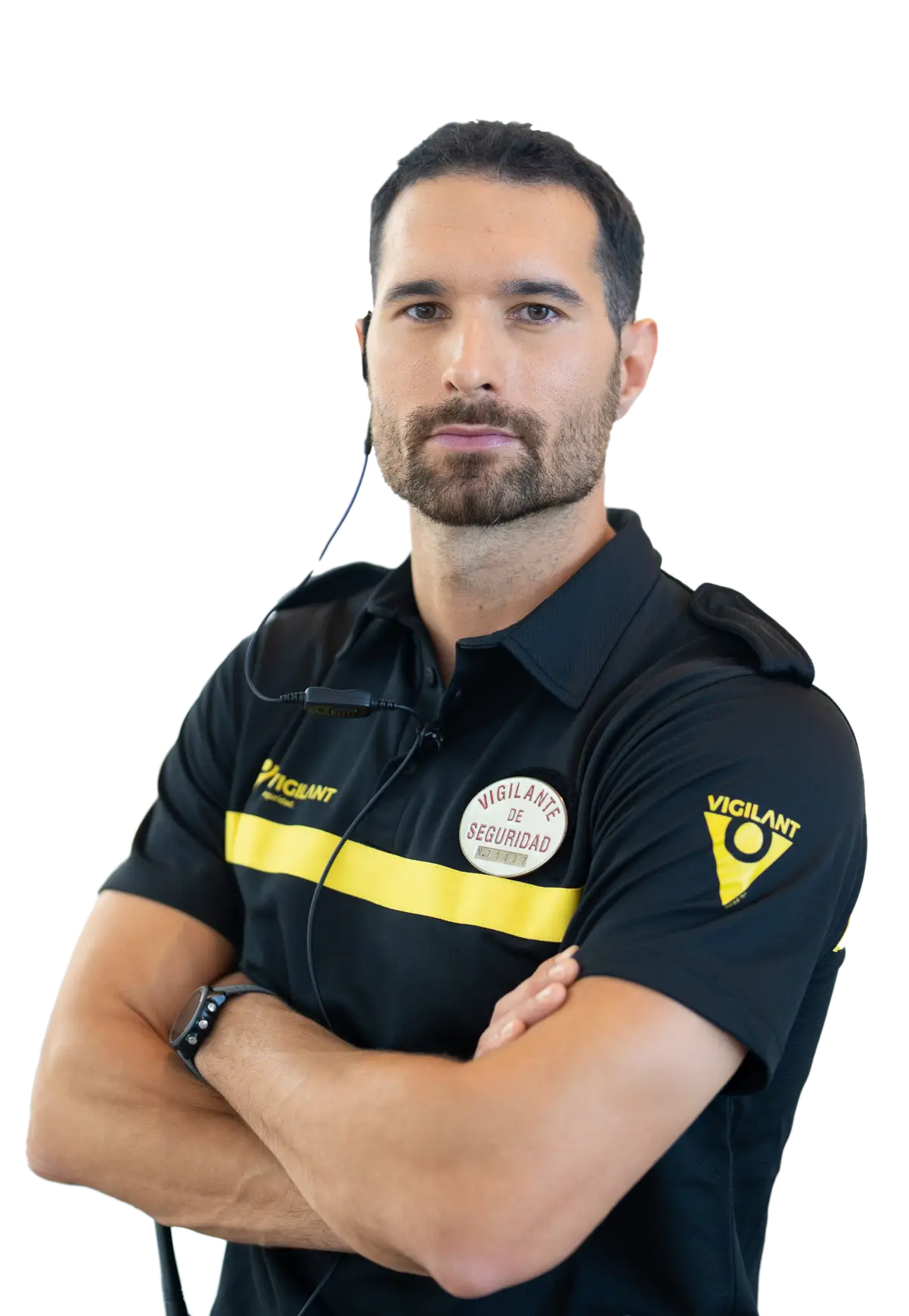 Vigilante de seguridad de Grupo Vigilant posando con los brazos cruzados